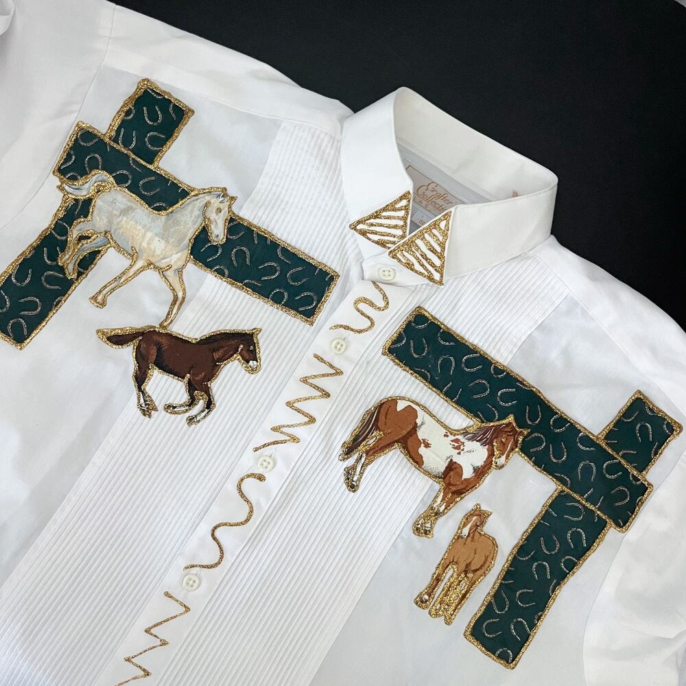 VTG Crafters Collection Tuxedo Shirt Mens Small Pleat Horse Western Cowboy Artsy